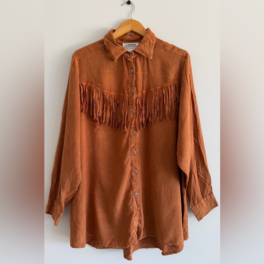 Back in the Saddle Western Fringe Shirt Boho Cowgirl Button Front Rayon Top 2X